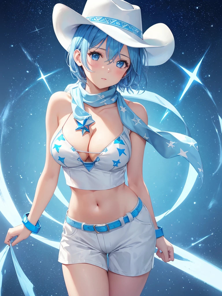 masterpiece, best quality, ultra detailed,realistic,re zero, blue hair, short hair,((large breasts)),cleavage, (light-blue theme),(sexy
cowgirl costume),(sleeveless
(light-blue crop top),(plunking
neckline),((bare shoulders, bare
arms)),(collarbone, emphasize
cleavage)),(light-blue leather micro
shorts with (many small star-symbol
pattern)),(light-blue Scarf)
 (white theme),(white ten
gallon hat),(white (cowboy boots.
western boots)),(white belt).
(wristband),
 (yellow theme),(yellow
star-symbol print),