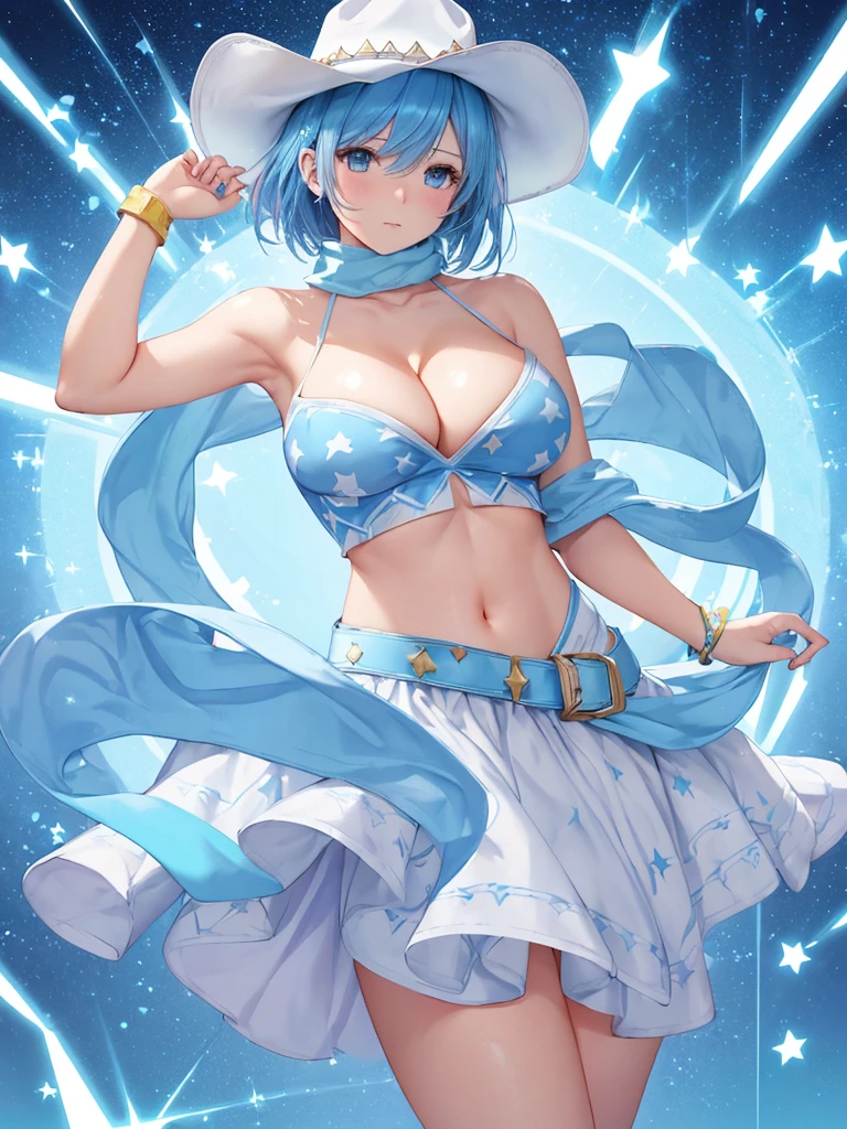 masterpiece, best quality, ultra detailed,realistic,re zero, blue hair, short hair,((large breasts)),cleavage, (light-blue theme),(sexy
cowgirl costume),(sleeveless
(light-blue crop top),(plunking
neckline),((bare shoulders, bare
arms)),(collarbone, emphasize
cleavage)),(light-blue leather micro
shorts with (many small star-symbol
pattern)),(light-blue Scarf)
(white theme),(white ten
gallon hat),(white (cowboy boots.
western boots)),(white belt).
(wristband),
(yellow theme),(yellow
star-symbol print),