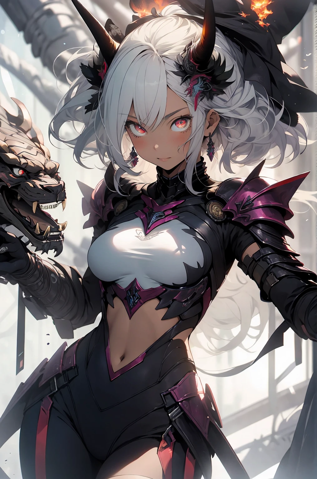 make it realistic,(masterpiece,highest quality,highest quality,very detailed,fractal art,most detailed,(background is abstract:1.5)(1 girl),Kamimei,(hair length),(Shining red eyes and beautiful white hair、big breasts,trained abdominal muscles),crystallization,high leotard,sexy、machine armor、devil's horns、break、berserk , (Flame rupture:1.4),