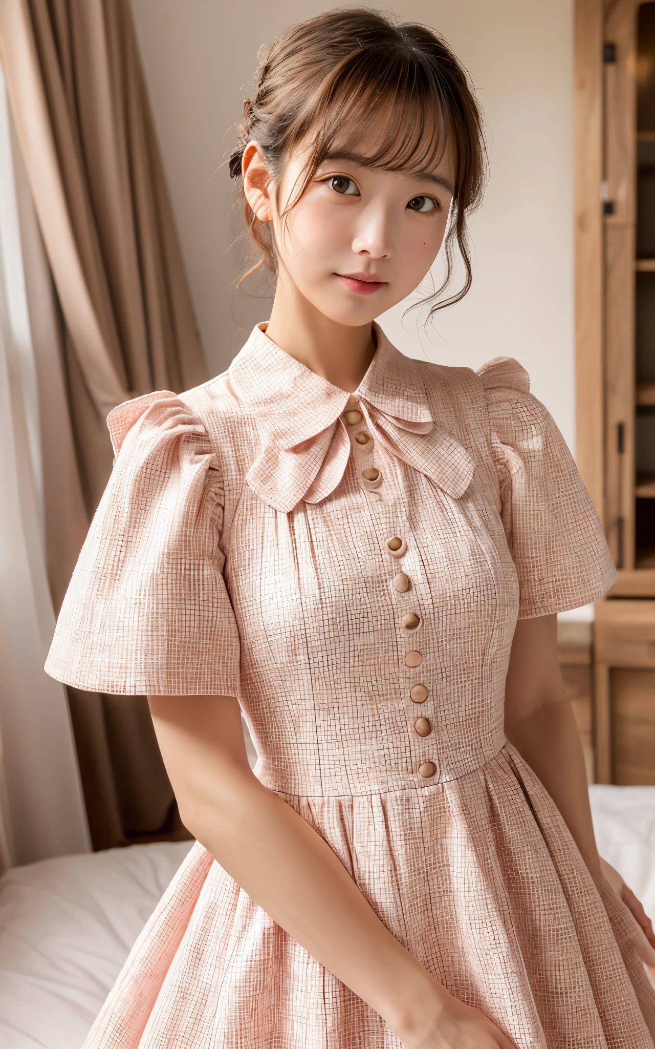((of the highest quality, 8K, masutepiece: 1.3)), Beauty, 1 Japan Girl, ish, (baby round face, lower height), portrait, brown hair, bob hair, (wavy hair, curl inward), 29 years old, Detailed face, very detailed lips, Detailed eyes, Double eyelids, Sweaty skin: 1.2, :o, head tilt, (collared dress, light pink plaid dress, frilled dress, long dress, puffy sleeves, short sleeves, heart shaped button,) in the bed room,