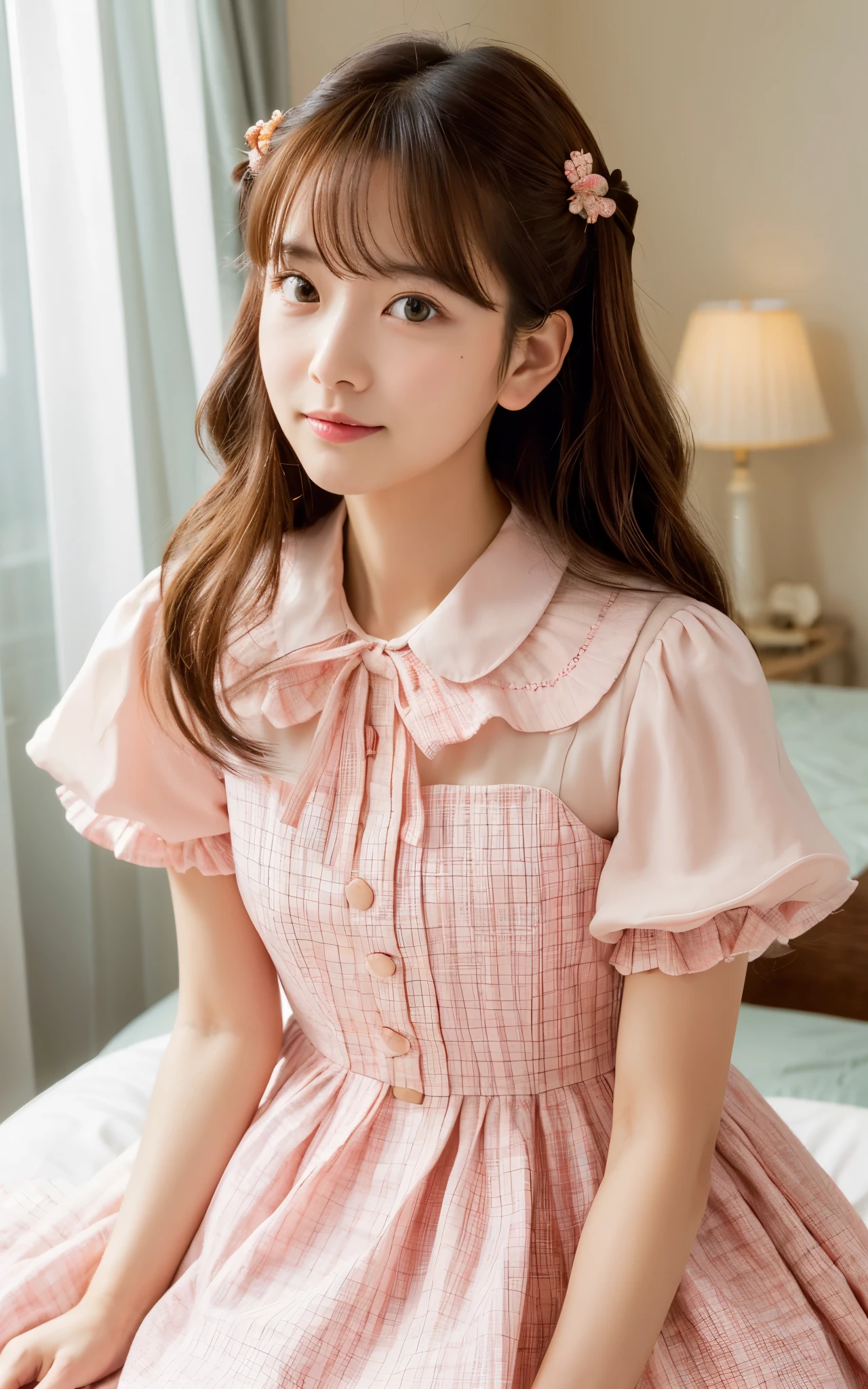 ((of the highest quality, 8K, masutepiece: 1.3)), Beauty, 1 Japan Girl, childish, (baby face:1.2, round face, lower height), portrait, brown hair, bob hair, (wavy hair, curl inward), 29 years old, Detailed face, very detailed lips, Detailed eyes, Double eyelids, Sweaty skin: 1.2, smile, opened mouth, (collared dress, light pink plaid dress, frilled dress, long dress, puffy sleeves, short sleeves, heart shaped button,) in the bed room,