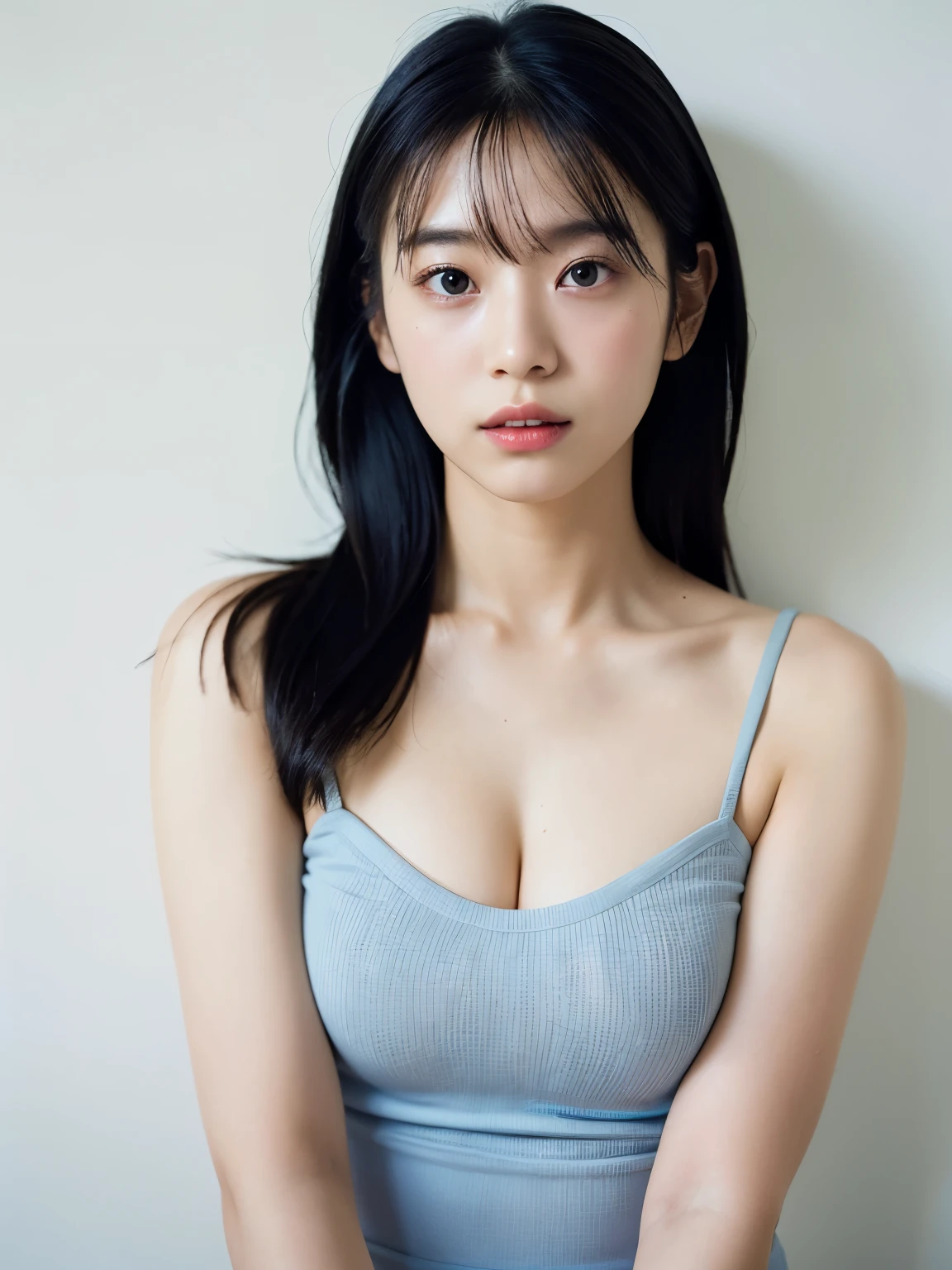 See-through tops、big breasts、Plump thighs、Camisole、(背景にwhite wall、Part of her hair is sky blue:1.4)、white wall、Taken in front of the white door、(窓のあるwhite wallの部屋)、((highest quality、8K、masterpiece:1.3))、ultra high resolution、(photorealistic:1.4)、raw photos、Japanese,(details face)、real、Shot in natural light、Highly detailed face and skin texture、highly detailed lips、correct state of the human body、medium hair、black hair、various poses、natural color lip