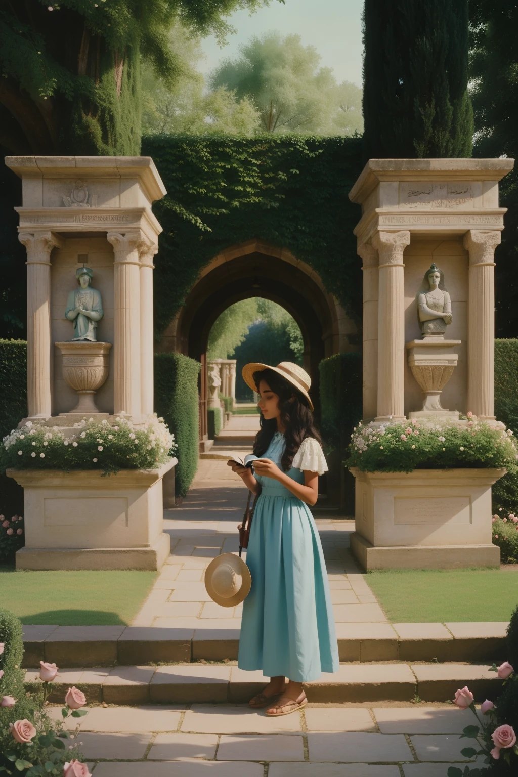 Along the serene pathways of a historic English garden in the 1990s, a tween Arab girl, with a wide-brimmed hat and a sketchbook in hand, artistically captures the beauty of blooming roses and ancient statues, creating a scene of creative contemplation.