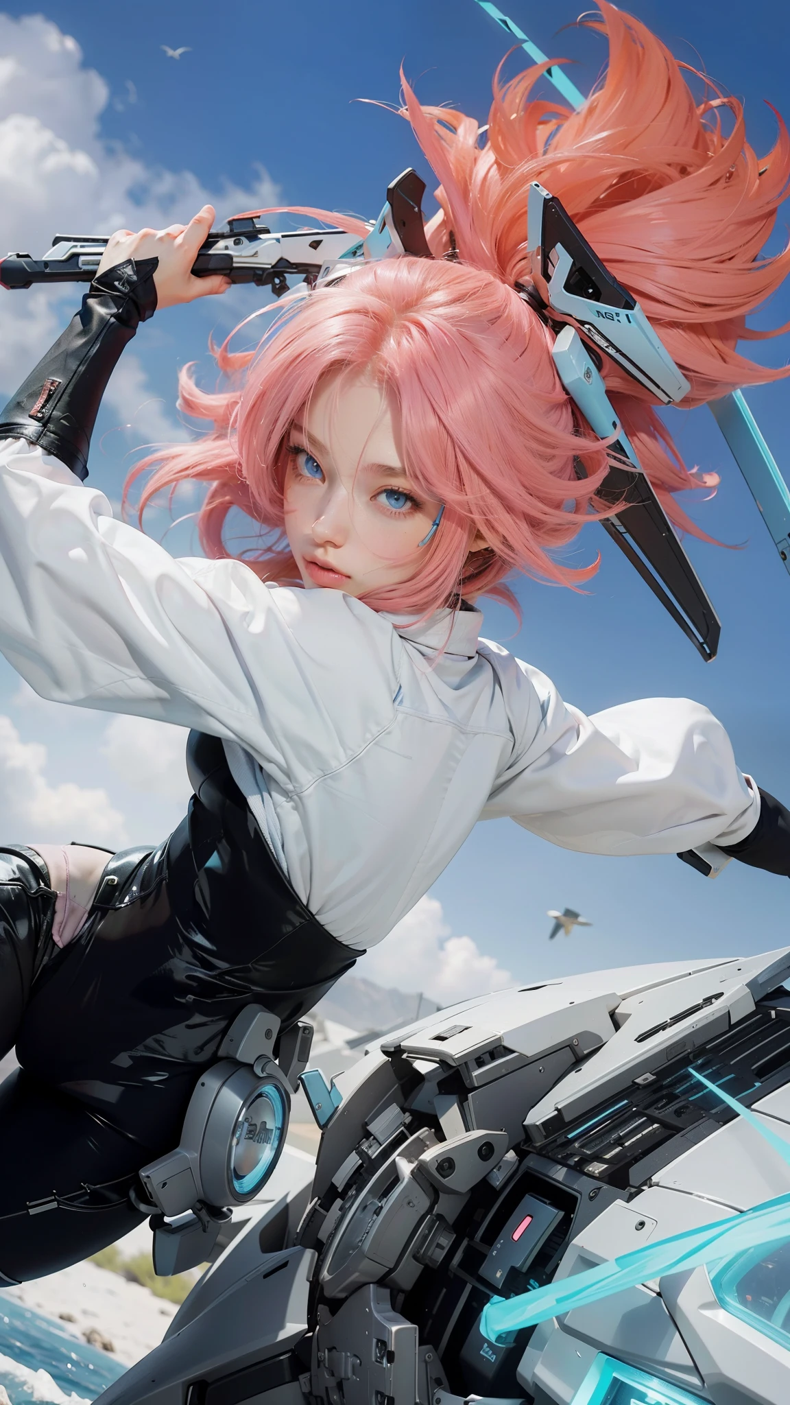 Masterpiece, best quality, beautiful girl, long hair, pink hair, light blue eyes, tech wear, realistic skin texture, realistic clothes texture, realistic hair, realistic, 8k resolution