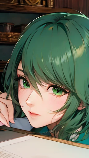 highest quality,　Highest image quality,　masterpiece,　tamaki, green hair, green eyes, mole under eye