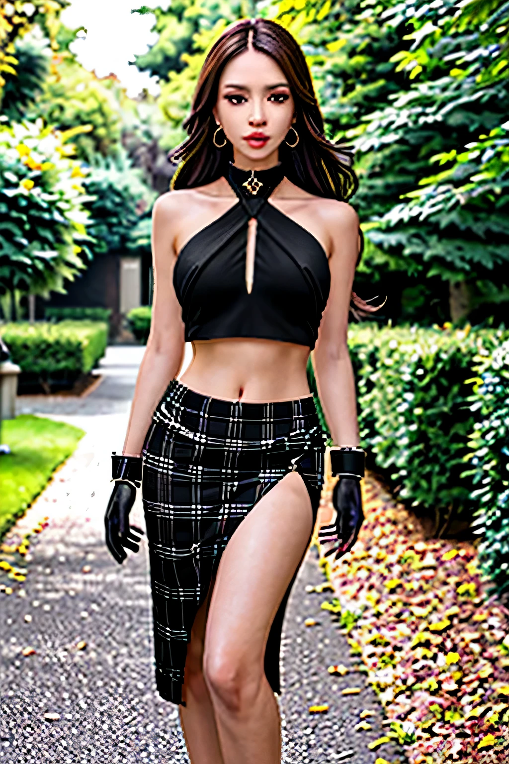 1 female, long hair, realistic, masterpiece, high resolution skin, 視聴者をlookいる, look:outdoor, alone, Full body shot black cross_halter neck, gloves, just_shoulder, earrings, belly button, Plaid pencil skirt