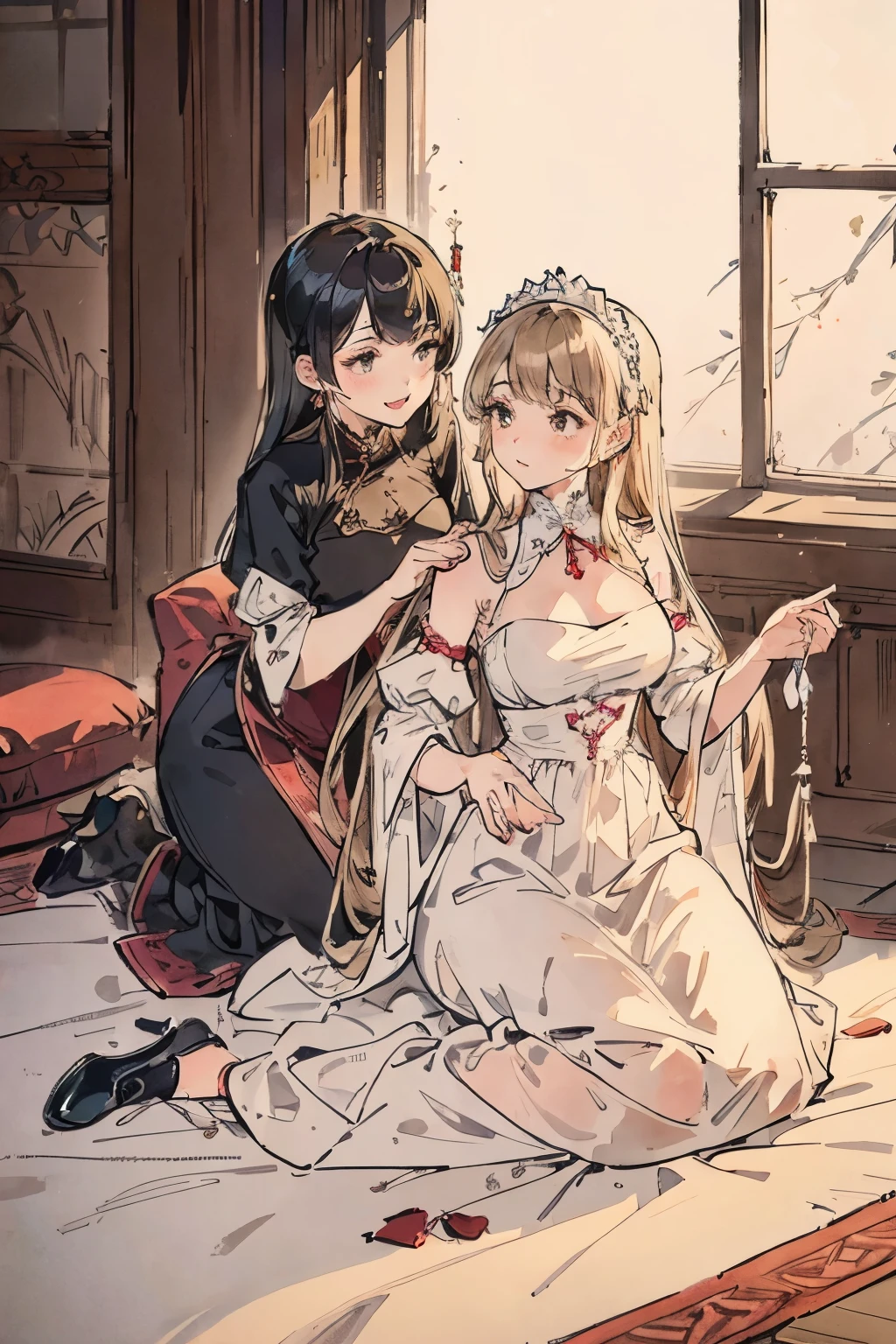 2 girls,Girls in maid outfits and girls in evening dresses,Poor but strong servant working hard to provide services to his mistress,Servant puts on shoes for master,Delicately patterned,Only the host is wearing a beautiful evening dress,Rich and arrogant hostess enjoys in luxurious armchair,lesbian,Gloves,Perfect and delicate face,perfectly matched clothes,fine shoes,Fine clothing,A composition that reflects the difference in status between the two girls.,Light reflecting the difference in status between the two girls