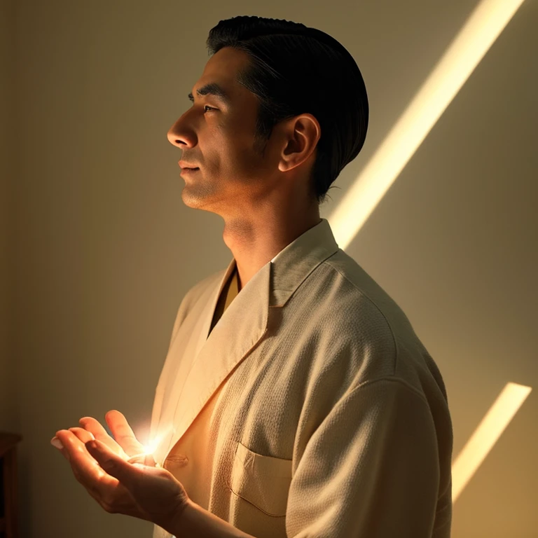 Reiki healer Japanese 40s handsome man All back He collects light in both hands for treatment