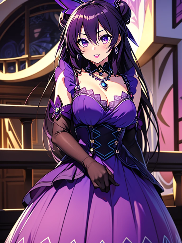 Great quality ++ High resolution extremely detailed, very aesthetic, expressive eyes, perfect face, face symmetrical, good anatomy, perfect hands, 8k, UHD, HD wallpaper, high quality, Ultra detailed, ((((1girl)))), (((1person))), ((((Date A Live)))), (((Yatogami Tohka Izayoi))), (((Long hair))), (((Dark Plum hair))), (((Indigo eyes))), (((heavy makeup housewife))), (((housewife dress))), (((stepford))), (((stepfordized))), purple dress, white polkadots on dress, long gloves, elbow gloves, hair up, hair bun, (((hypnotized eyes))), earrings, smile, blissful, happy, wearing lipstick, wearing makeup, purple eyeliner, blush, tall image, tall hair, bige breasts, small waist, looking at viewer, swirl eyes, big lips, thick lips, hair in bun, hair up, necklace, tight dress, swirl eyes, (((hypnotized eyes))), tall image, thin waist, cute, side angle, big pupils, open mouth, house background, center angle, beehive hairdo, (((house background))), ((((center angle)))),
