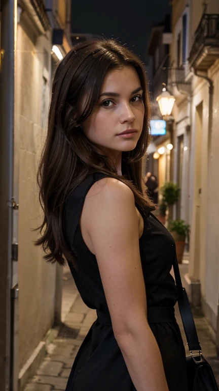 Hyperrealistic photography, mignon , 30 ans, longs cheveux bruns, 64 Ko, chef-d'artwork, photo nette, Looking to the side, Dark brown hair, tenant un sac Dior, avec chemise moulante, in Málaga, Long Dark brown hair, corps parfait, Model you are looking for, Realistic photo of a girl, sombre dehors, Just after sunset