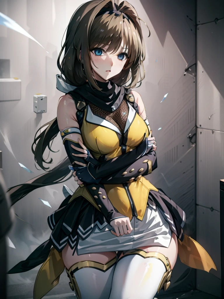 (hyper extreme detailed),(master piece),(hyper extreme),,cg,Lastration,novel iLastration,1 girl,takamori_Haruka,ninja,white mini skirt, yellow cloth,white legwear,software,spread legs,hypnoLora,empty eyes,(Inside a futuristic research facility:1.4),