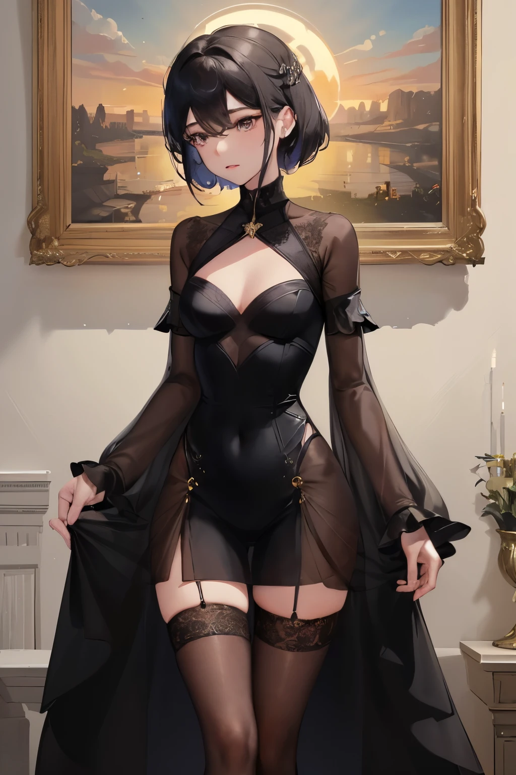 Amidst the serene stillness of a solo moment, Ruanyi0070, a radiant young girl, gazes intently at her reflection. Her figure is encased in a see-through dress, its delicate lace fabric caressing her every curve. Tight black thigh-highs, contrasting against her fair complexion, ascend her long, shapely legs. Her attire is completed by a form-fitting, long-sleeved black dress that clings to her body, accentuating her hourglass silhouette.
As the sun casts a warm, golden glow upon the scene, it highlights the intricacies of this masterpiece, with