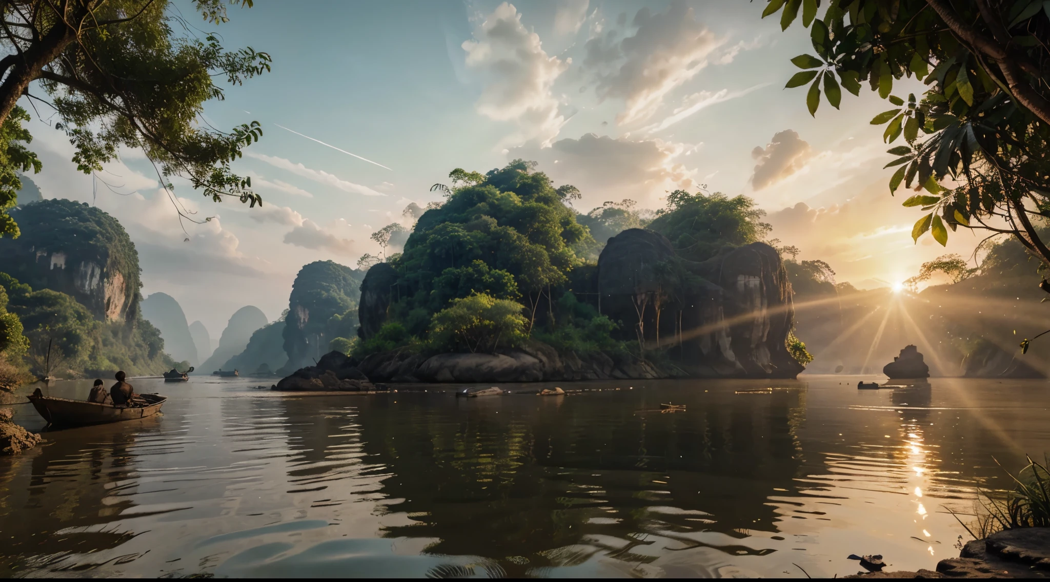 Mekong River, in the jungle of Thailand, at sunrise, with realistic textures, ultra hd, realistic, vivid colours, high detail, perfect composition, from below, beautiful detailed complex insanely detailed octane render, artstation trend, 8k art photography, photorealistic concept art, soft natural volumetric cinematic perfect light