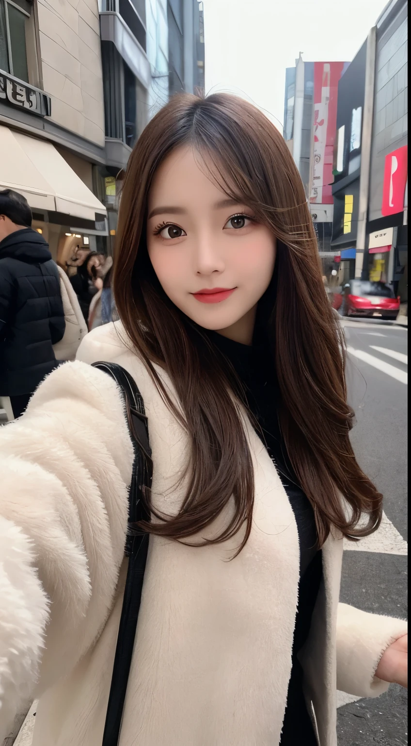 table top, highest quality, shape, Super detailed, finely, High resolution, 8k wallpaper, 完璧なダイナミックな構shape, beautiful and detailed eyes, Gorgeous and stylish black fluffy latest trend Tokyo winter clothes,ランダムなcute髪,small breasts,natural color lip, bold sexy pose,smile、20 year old girl、cute、sexy shot looking at camera,Always blur the background,perfect and beautiful face,Take only the face,beautiful and detailed face、slim face and style,Big eyes、Do gal makeup,real photos、luxury brand mink coat