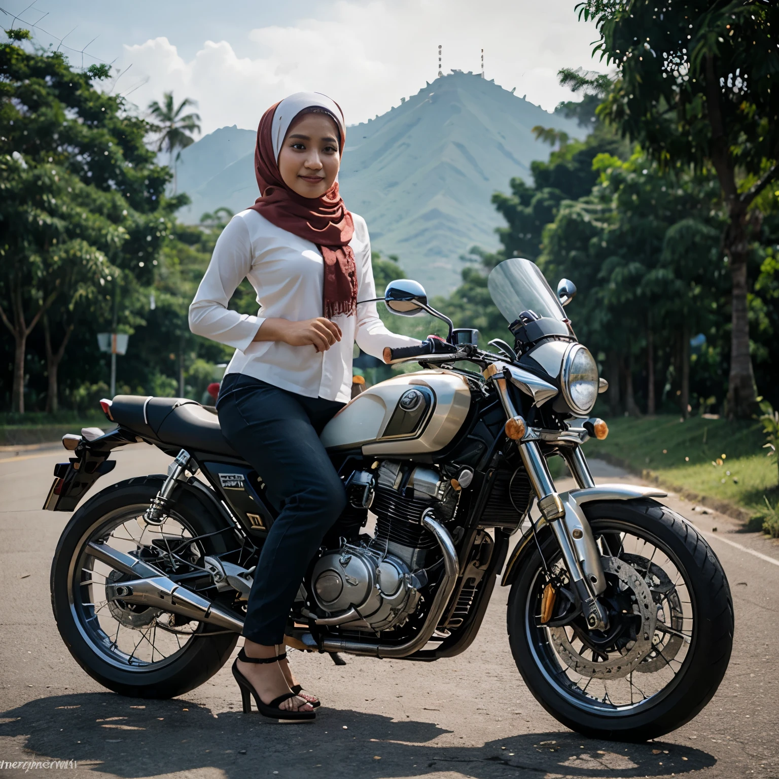 Pasangan indonesia berhijab dipegunungan naikmotor matic