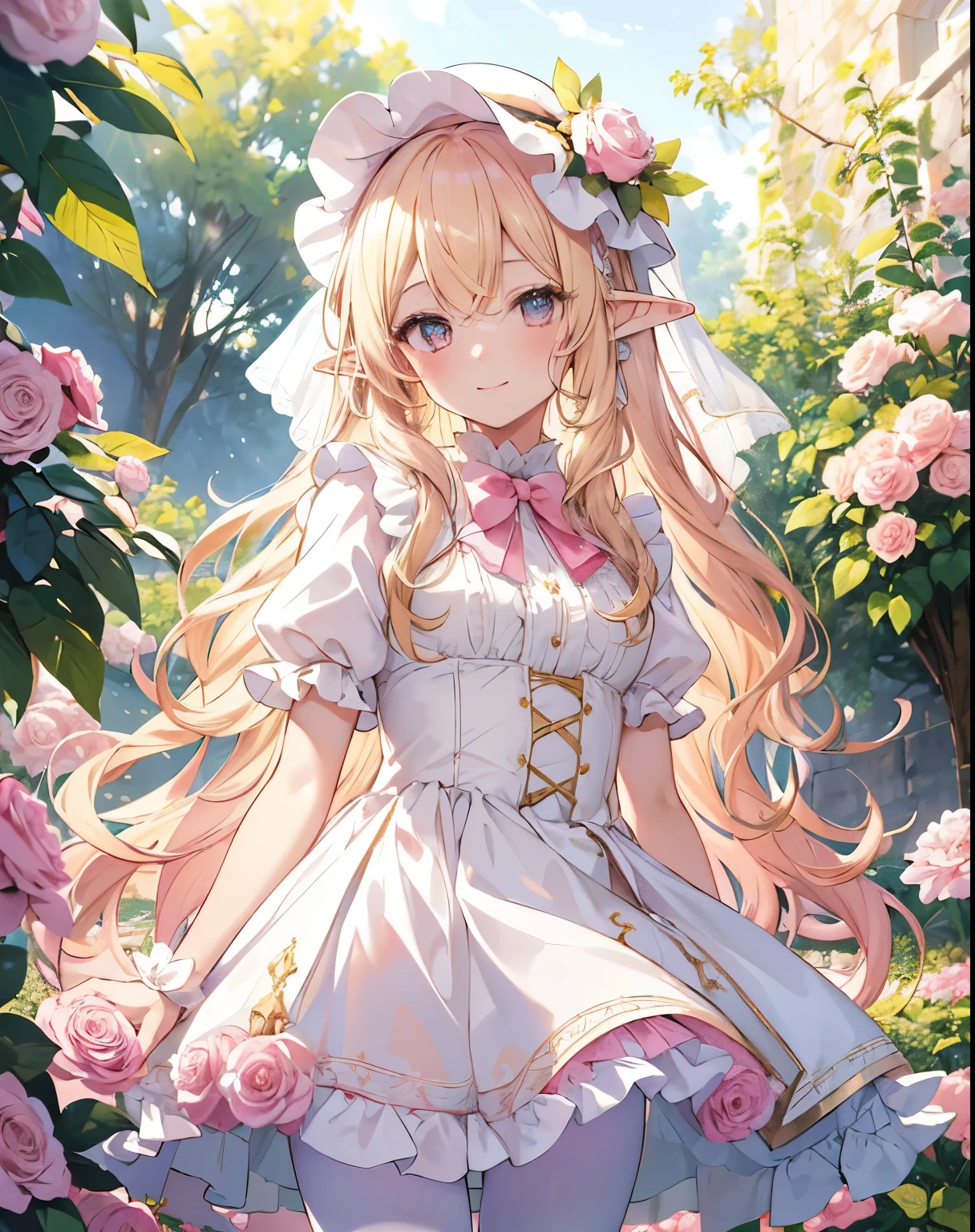 ((masterpiece,High resolution,8K quality,highest quality)),girl,young girl,Chiquita,((highly detailed face)),elf,delicate eyes,(Pink and yellow and delicately shining eyes),(hairstyle:Long Wave,strong wavy hair,Soft wavy hair,blonde),pointy ears,Lens flare,white and pink ta dress,white ruffles,Half bonnet with pink roses on white fabric,white panniers,pink tights,shy smile,pink rose garden,sun light,