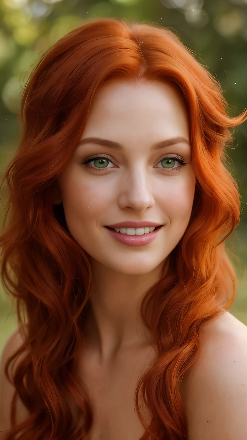Breathtaking cinematic photo of a 40-year-old woman with vibrant red hair and enchanting green eyes, radiating joy and cheerfulness with a captivating smile and beautifully defined lips. This high-budget masterpiece, reminiscent of an award-winning epic Hollywood film, showcases intricate details with a shallow depth of field. The image, an ode to beauty and artistry, is a professionally executed, highly detailed, photorealistic representation of the most beautiful woman in the world.

Her fiery red hair cascades in soft, curly waves around her elegant face, framing the delicate features and capturing the light. Her thin, ref