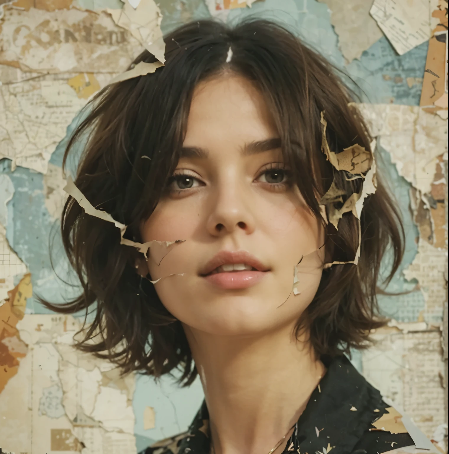 brunette with short hair in the style of sticker art in torn paper with curved edges photo collage in the style of