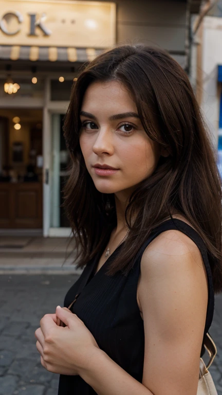 Hyperrealistic photography, mignon , 30 ans, longs cheveux bruns, 64 Ko, chef-d'artwork, photo nette, Looking to the side, Dark brown hair, tenant un sac Dior, avec chemise moulante, in Málaga, Long Dark brown hair, corps parfait, Model you are looking for, Realistic photo of a girl, sombre dehors, Just after sunset