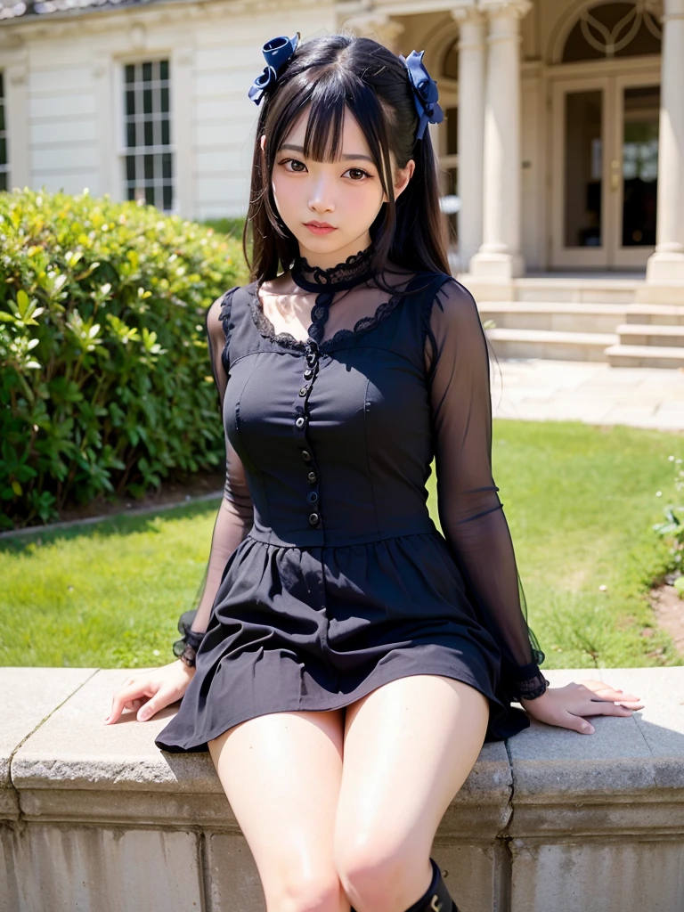 (realistic, photo-realistic:1.37), incredibly absurd, (Extremely detailed:1.3), 8K, (masterpiece), (highest quality:1.4), (ultra high resolution:1.2), (RAW photo:1.2), super detailed background, (unity 8K wallpaper), 1 nogizaka girl, So cute, bishojo, 12 years old, (gothic loli fashion), A delicate and beautiful face, eyes, and skin, dense black shiny hair, Small～medium chest, cleavage, open chest, elegant frills, frilled tie, ribbon tie, hydrangea hair accessories, a dress with delicate lace, soft fabric, beautiful hydrangea pattern, smile at the camera, cowboy shot, european castle landscape, professional lighting