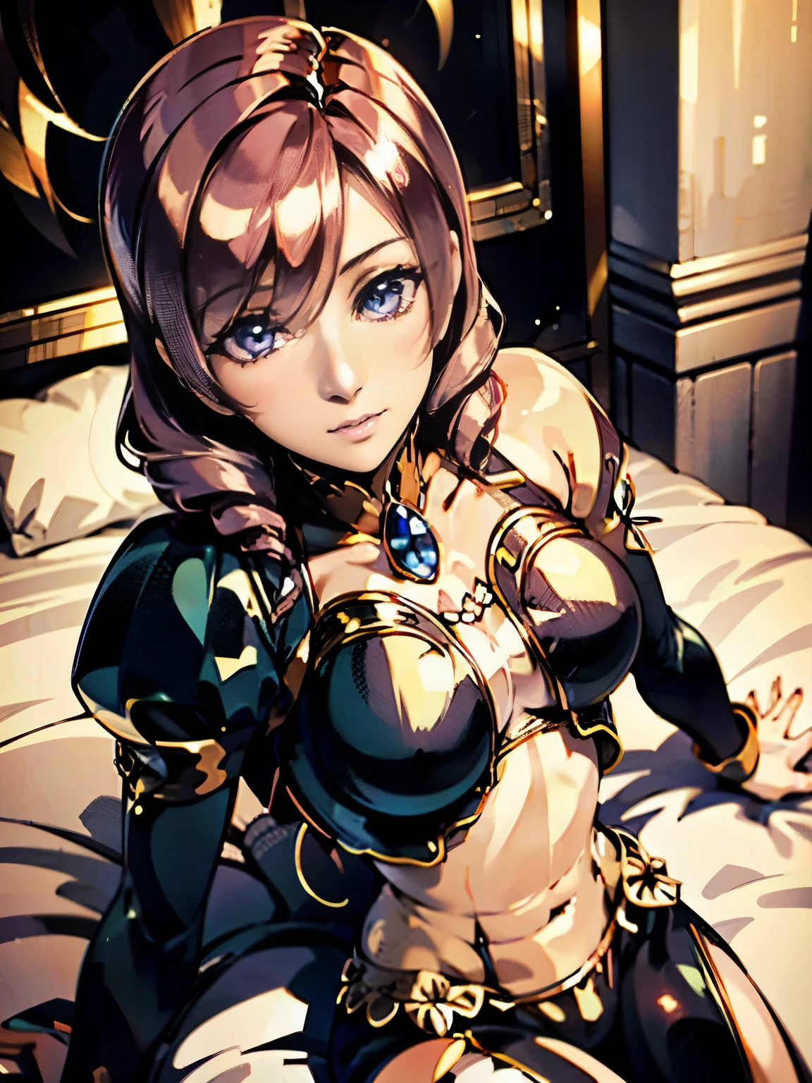 bare shoulders, female, legs up, lying down, pubic hair, stockings, solo focus, underwear, (detailed eyes), (delicate skin), (fine eyes), (1 girl) artwork, best quality, Best Desinger, Best illustration, clitoris, female only, showing pussy