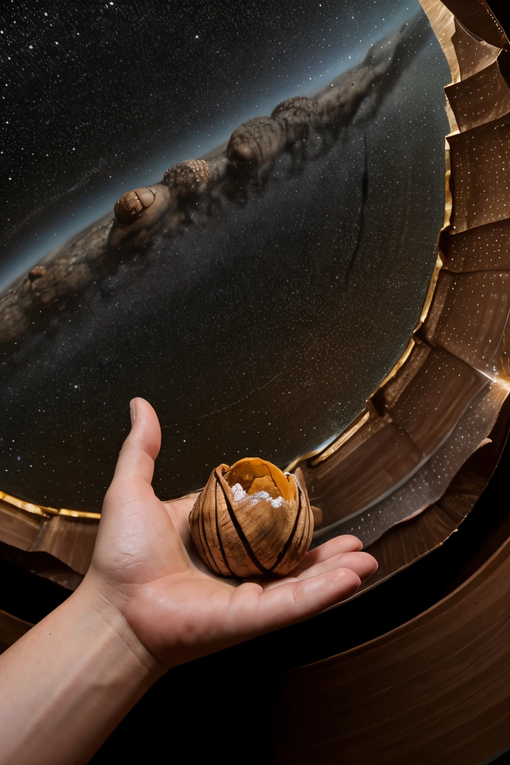 king inside a walnut shell with hands raised watching the james webb deep field