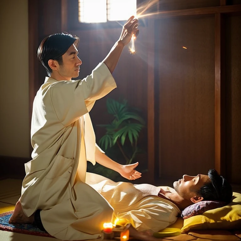 Reiki healer, Japanese, 40s, handsome man, all back, collecting light in both hands for treatment