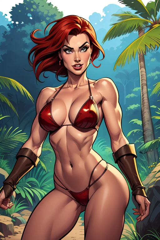 (cartoon style:1.2), Drawings of ([Red Sonja]), Jungle on background, fun posing, Centered, scale to fit the dimensions