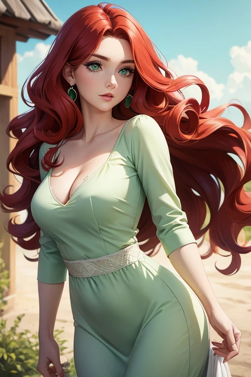 woman in her 20s,redhead,wavy long hair,green eyes,A cotton dress with a hole in the chest,white people,Glamour,Mature