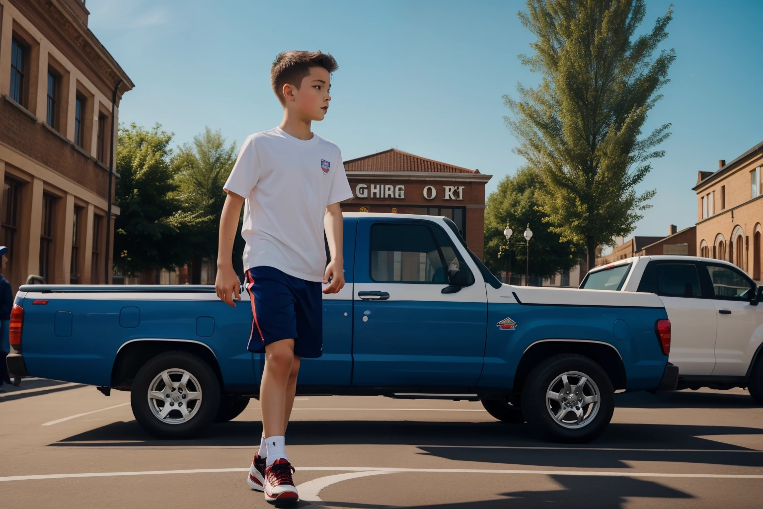 Within the lively town square of a British market town in the 2010s, a fourteen-year-old white boy, with a soccer ball at his feet, skillfully maneuvers through a pickup game with friends, capturing the spirited energy of friendly competition in the heart of the community.