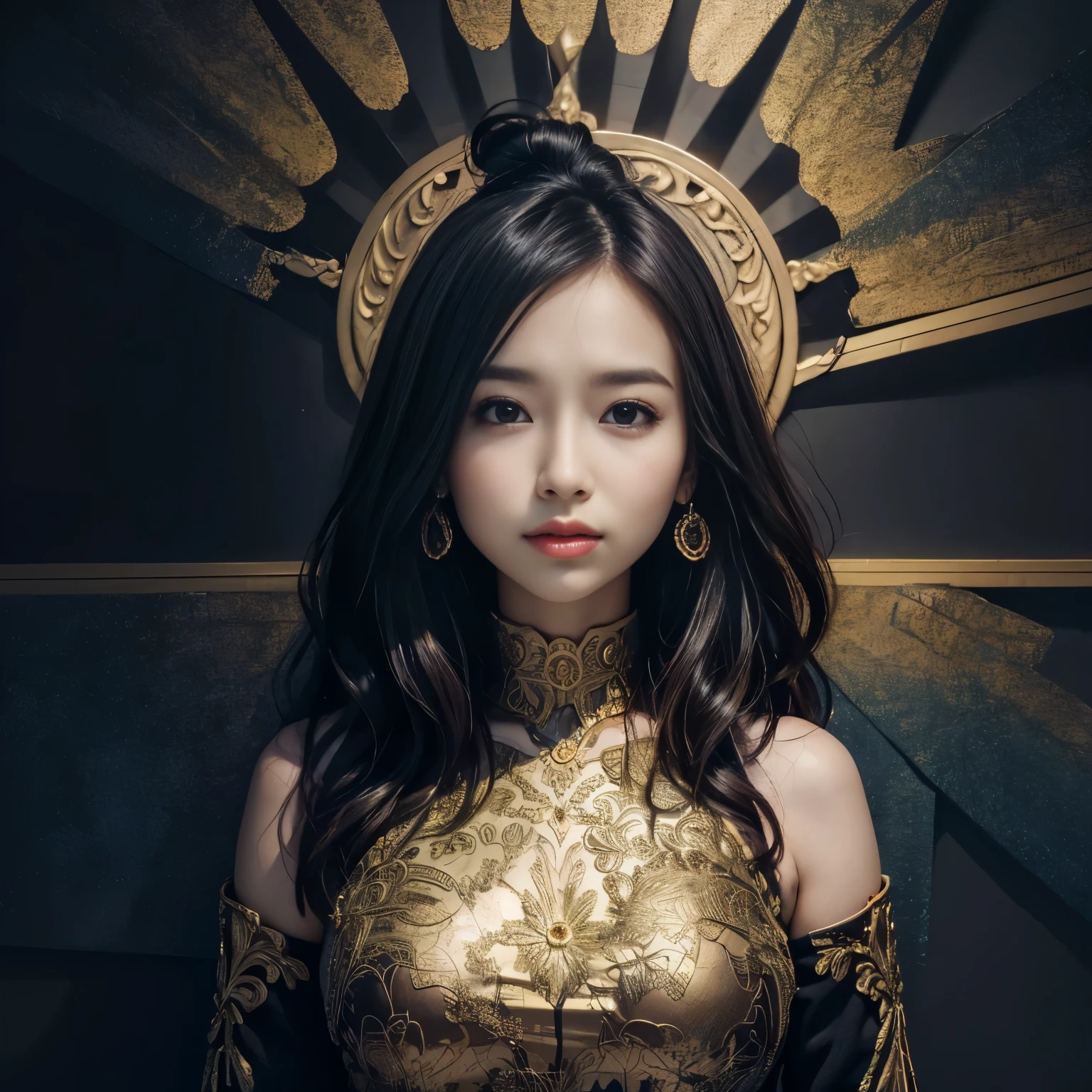25 year old beautiful Korean woman、ethnic style, gold & Black vector image, ink painting, abstract, surrealism, dream-like, concept, Artistic, cinematic, masterpiece, breathtaking, nature