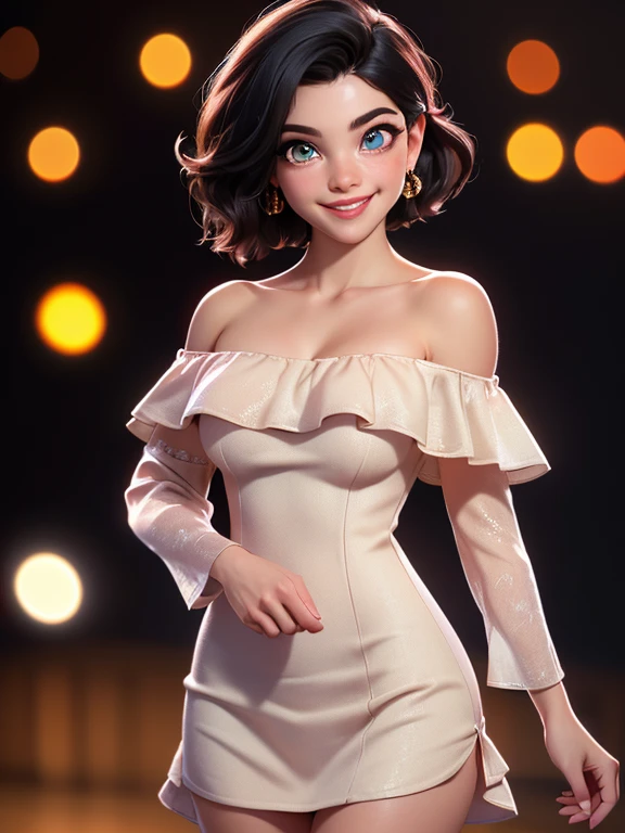 best quality, photorealistic, 8k, high res, 1girl, woman, (professional lighting), (portrait:0.6), (off shoulder dress:1.72), gorgeous, black hair, (short hair:1.2), (1girl eyes looking at viewer:1.4), ((looking at viewer:1.6)), (looking at the camera), photorealistic, (bokeh), (portait:0.6), (dynamic pose:1.2), sfw, (smile:1.6), (nsfw:1.3)
