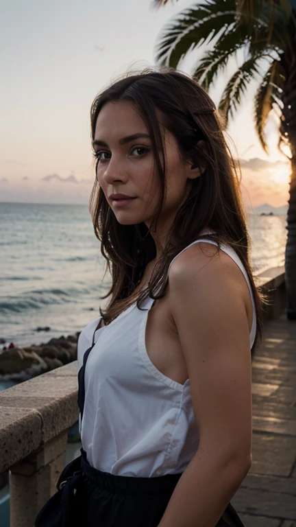 Hyperrealistic photography, mignon , 30 ans, longs cheveux bruns, 64 Ko, chef-d'artwork, photo nette, Looking to the side, Dark brown hair, avec chemise moulante, in Málaga, la vue sur la mer, Long Dark brown hair, corps parfait, Model you are looking for, Realistic photo of a girl, sombre dehors, Just after sunset,