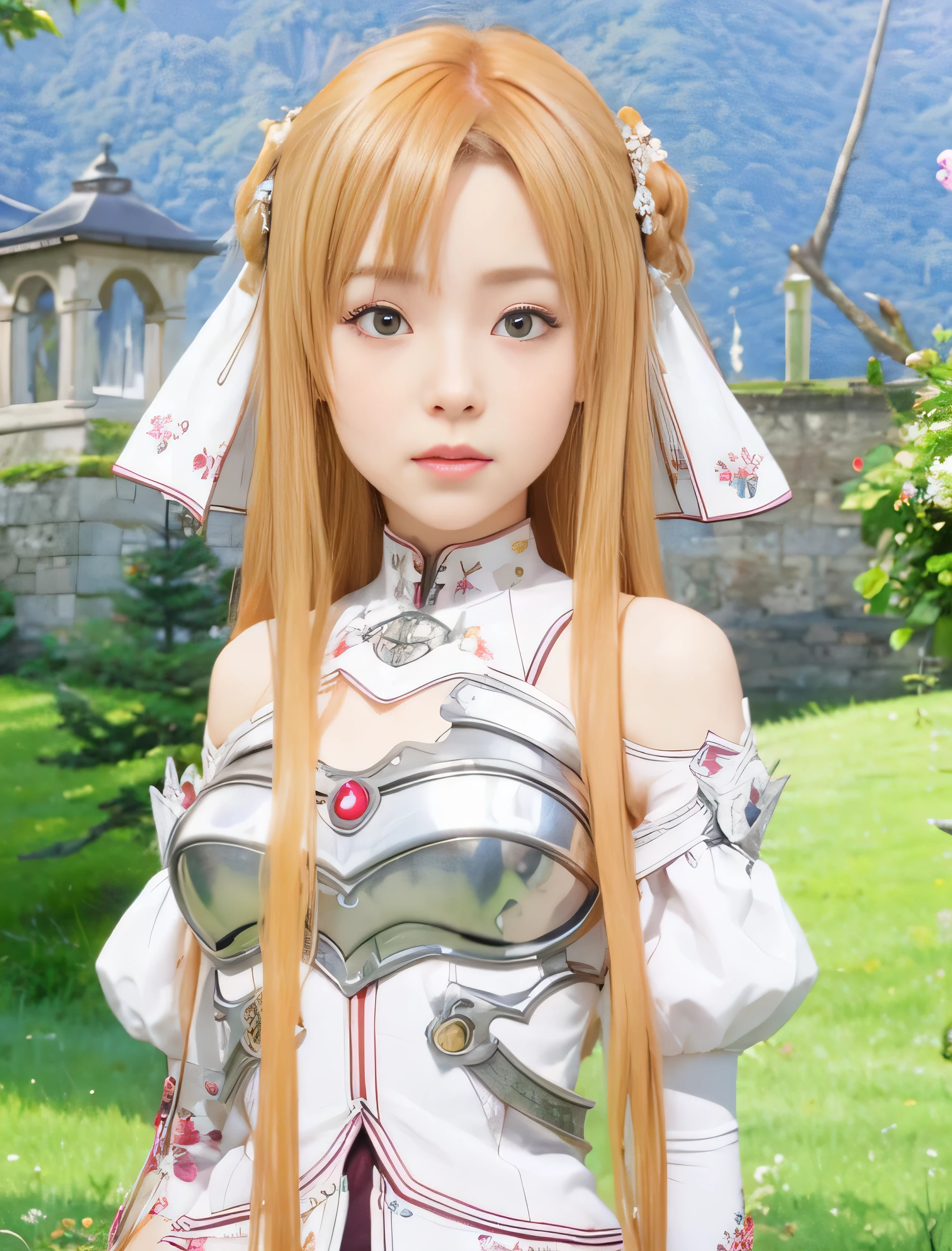 masterpiece, best quality, (realistic,photo-realistic:1.4), (RAW photo:1.2), extremely detailed CG unity 8k wallpaper, delicate and beautiful, amazing,finely detail, official art, absurdres, incredibly absurdres, huge filesize, ultra-detailed,extremely detailed eyes and face,light on face,little smile,asuna yuuki,(caramel hair:1.4),(wearing armored dress:1.4),park,food,long hair,hair ornament