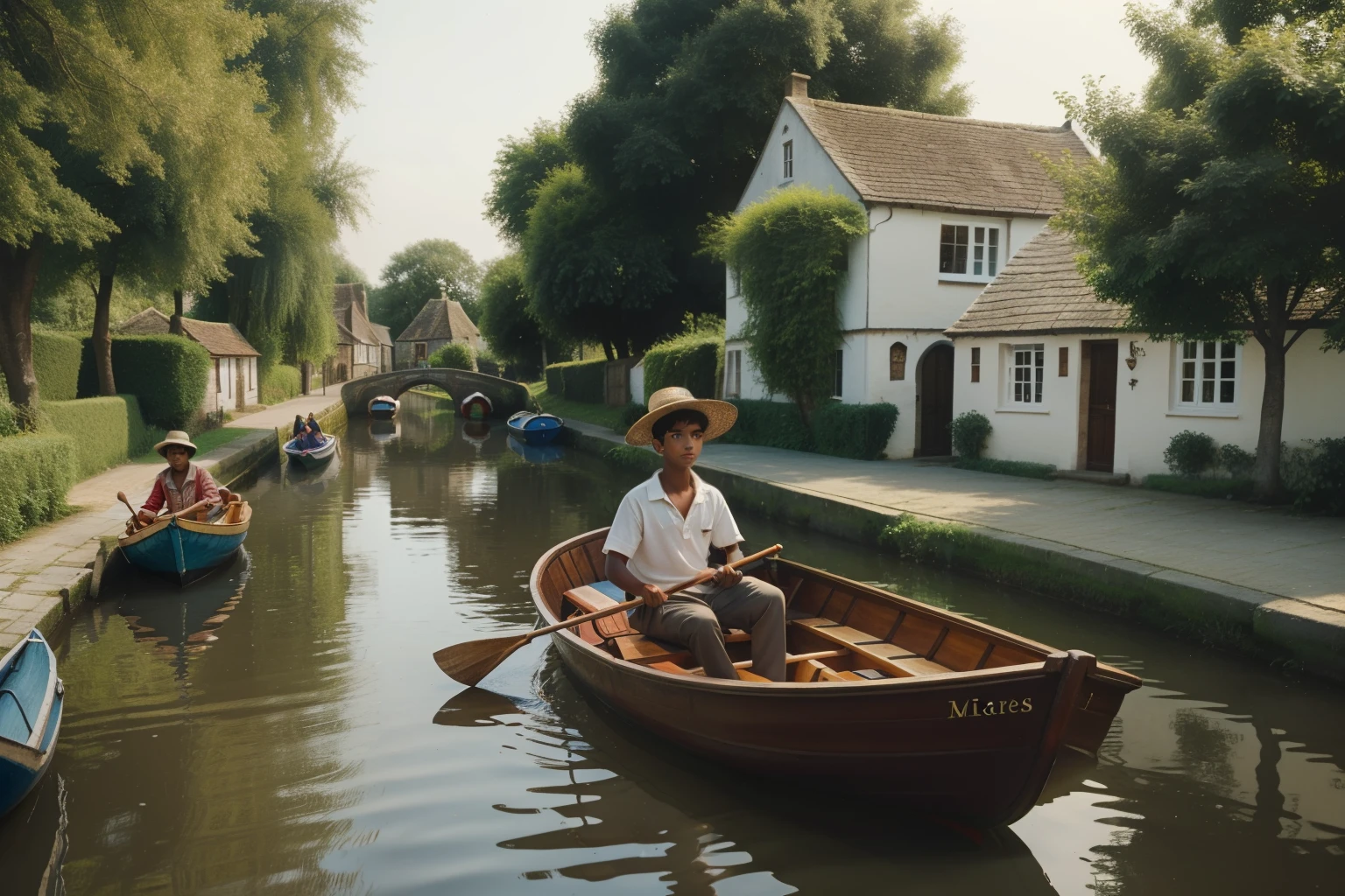 Along the enchanting canals of a historic English village in the 1990s, a fifteen-year-old Indian boy, with a straw hat and a rowboat, navigates through the waterways, adding a touch of aquatic exploration to the charming scene of waterside living.
