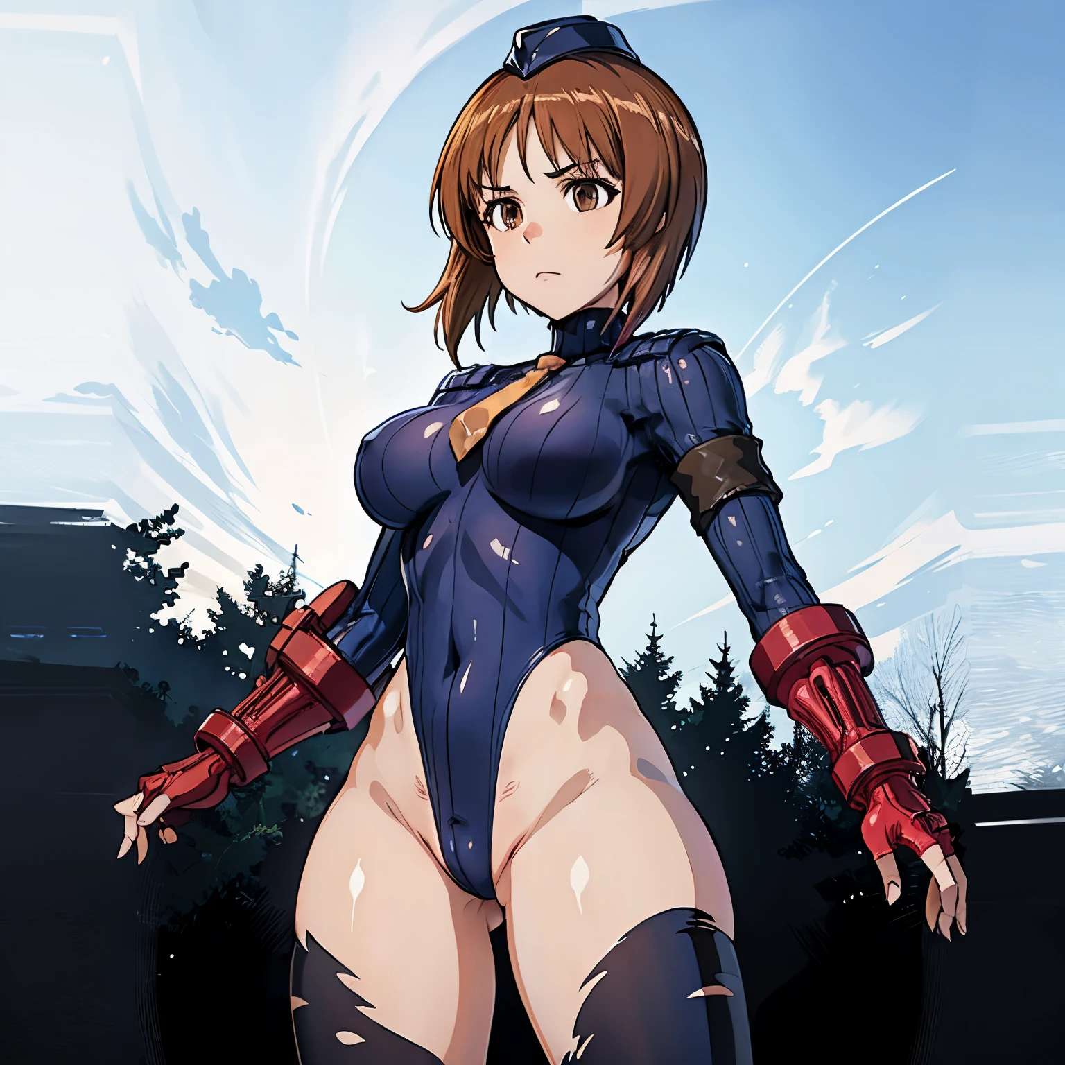 ultra-detailed, Explicit, Beautiful body, Beautiful Nose, Beautiful character design, perfect eyes, perfect face, ultra highres, 4K, beautiful legs, perfect legs, Nice hands, Perfect hand, Masterpiece, Best Quality, Highly detailed, illustration, absurdres, perfect anatomy, street fighter, doll suit, shadaloo doll, dollsuit, expressionless, blank eyes, looking at viewer, red gloves, emotionless, black latex, corrution, mind control, female combatant, full body, hypnotized, unhappy trance, full body suit, ribbed bodysuit, both arms at side, obey, perfect female body, extremely glossy latex, hypnosis, hypnoLora, empty eyes, Mind control device, poses, submissive_pose, Slave, hat, necktie, stand up straight, standing, standing at attention, hat, necktie, belt, latex, ribbed bodysuit, thighhighs, garter belt, Fighting Stance, extending the right arm from the shoulder into the air with a straightened hand, military, thigh boots, 1girl, Solo, brown hair, short hair, brown eyes, nishizumi miho, strike witches
