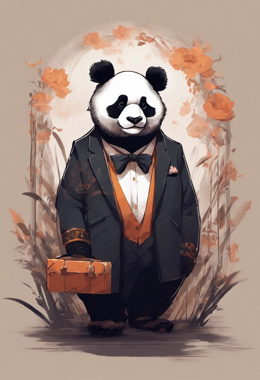 anthropomorphic panda, de cuerpo entero, vestido formalmente con un blazer, sostiene una bandeja, pegatina de panda, sticker de panda.