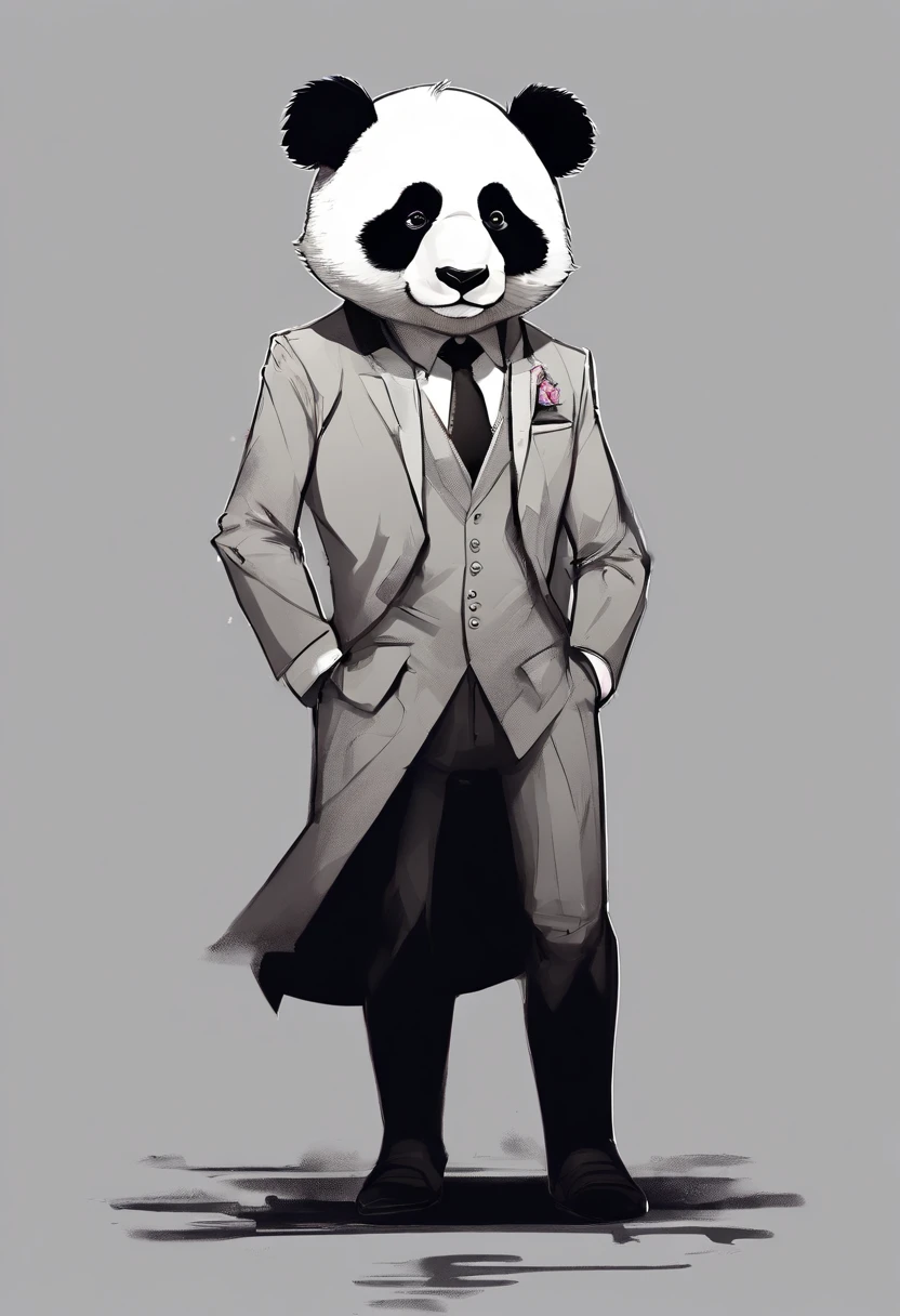 anthropomorphic panda, de cuerpo entero, vestido formalmente con un blazer, sostiene una bandeja, pegatina de panda, sticker de panda.