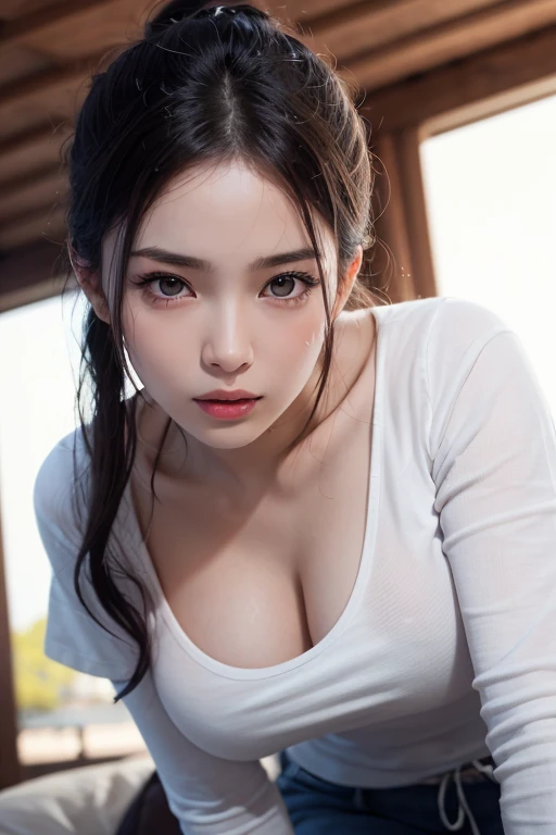 (8k, RAW photos, highest quality, high resolution:1.1), (hyperrealistic:1.4),(realistic, photorealistic:1.3), soft light,realistic face,realistic body,realistic skin,absurdity,masterpiece,(cute:1.8),(slouch:1.8),(from top:1.2),(close-up:1.4),crawling on all fours,POV,( Detailed White tight T-Shirt:1.2),(Beautiful Nipple Slip:0.9),(Long Hair,Ponytail),(Big breast:1.2),Cleavage,Detailed Black Eyes,Innocent Eyes,Drooping Eyes,Teary Eyes,Open Lips,Blush,Good Style,Cinema Light,Film Grain,Close Up,Look Viewer,Full Body,Depth of Field, Blurred Background,Eye Focus,Young,85mm Lens, F/ 1.4,Professional Lighting,Portrait,Photon Mapping,Radiosity,Physically Based Rendering, see through ,Japan Girl,sunny Day,Outdoor, hourglass body , sweating , wet skin