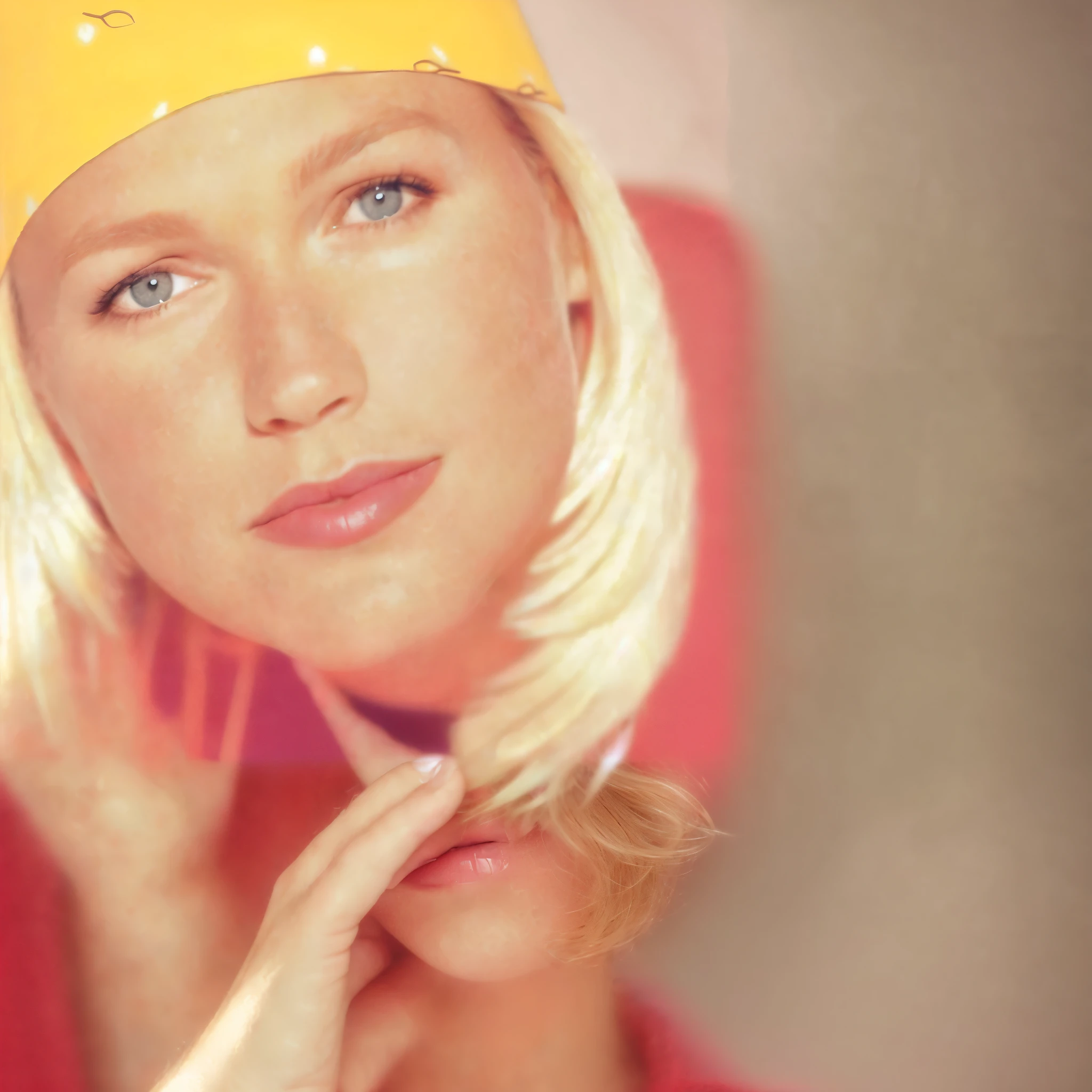 blonde woman with a yellow bandana on her head, wearing red sweater,white shorts and black shoes behind beige background posing