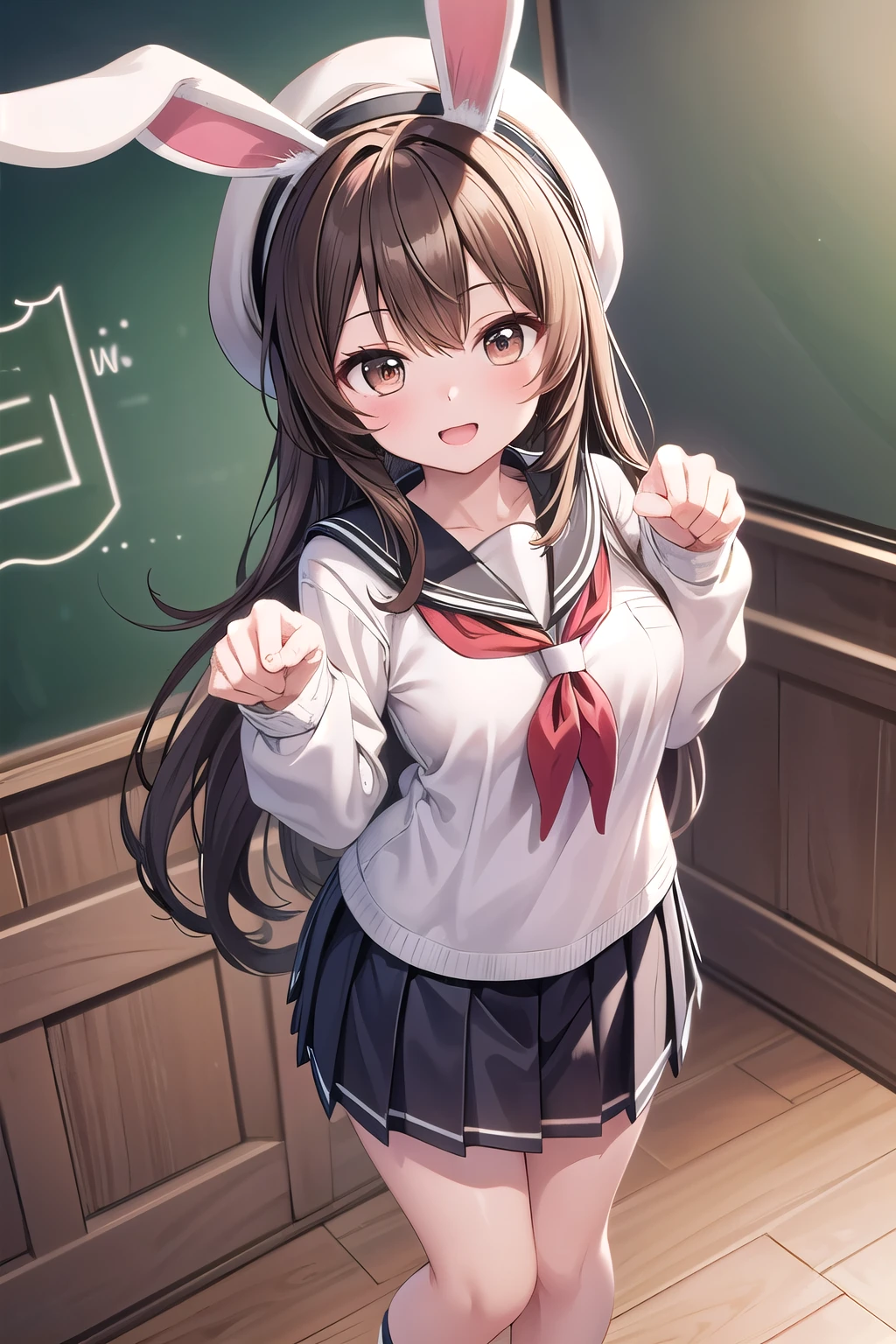 solo girl,20 years old, from above,long hair,paw pose,looking at viewer, brown hair, brown eyes, medium breast,rabbit ears beret,happy,pleated skirt,sailor suit,indoors,school,Best Quality, High resolution, Extremely detailed, Detailed background, Perfect Lighting