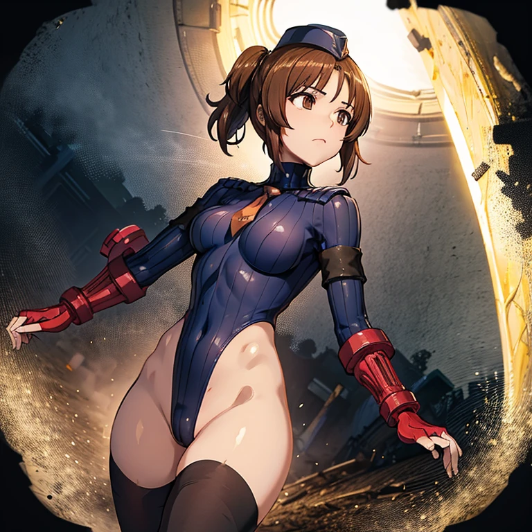 ultra-detailed, Explicit, Beautiful body, Beautiful Nose, Beautiful character design, perfect eyes, perfect face, ultra highres, 4K, beautiful legs, perfect legs, Nice hands, Perfect hand, Masterpiece, Best Quality, Highly detailed, illustration, absurdres, perfect anatomy, street fighter, doll suit, shadaloo doll, dollsuit, expressionless, blank eyes, looking at viewer, red gloves, emotionless, black latex, corrution, mind control, female combatant, full body, hypnotized, unhappy trance, full body suit, ribbed bodysuit, both arms at side, obey, perfect female body, extremely glossy latex, hypnosis, hypnoLora, empty eyes, Mind control device, poses, submissive_pose, Slave, hat, necktie, stand up straight, standing, standing at attention, hat, necktie, belt, latex, ribbed bodysuit, thighhighs, garter belt, Fighting Stance, extending the right arm from the shoulder into the air with a straightened hand, military, thigh boots, 1girl, Solo, brown hair, short hair, brown eyes, nishizumi miho, girls und panzer