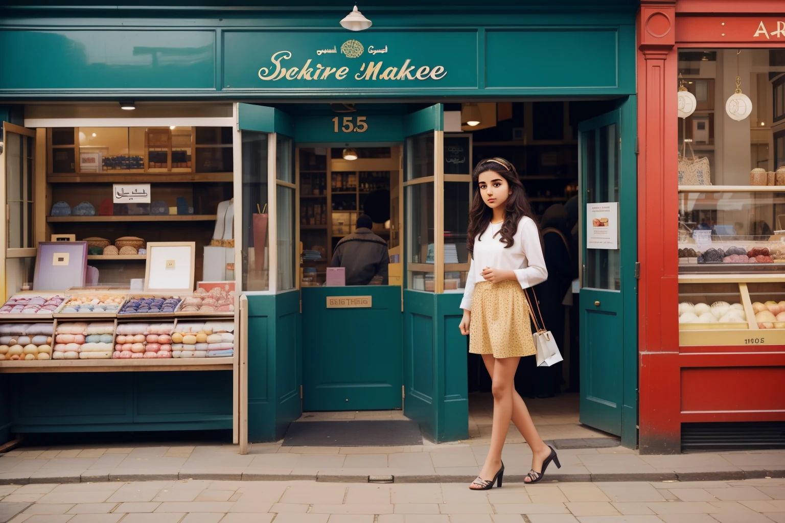 On the vibrant streets of a bustling English market town in the 2010s, a sixteen-year-old Arab girl, with a shopping bag and a sense of fashion, explores eclectic boutiques and vintage shops, adding a touch of urban flair to the traditional setting.