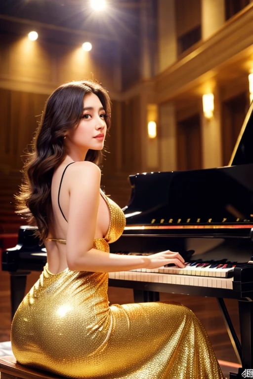 Gravure beauty playing grand piano in concert hall、sensual look、A shiny gold dress that shows off your big breasts from the front.、Beautiful eyes and nose、highest quality,4K,8K,High resolution、profile、beautiful performance、Beautiful face of masterpiece、peach butt、Using a copyright-free image with no credit in the bottom right corner。