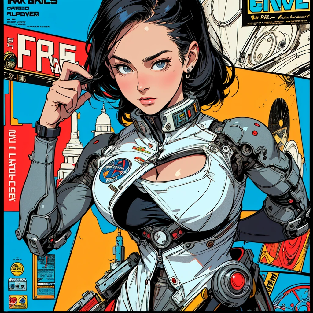 (((woman))), (((best qualityer))), (((tmasterpiece))), (((AS-Adult))), A 35-year-old female warrior with a perfect body, Brooklyn Gladiators, Hand with steel gloves and metal tip, (( under boobs )), Simon Beasley, almost naked(Simon Bisley)Urban barbaric style for《heavy metal》MagazineCover, Bionic hands, Colorful mohawk hair, Minimum clothing, armure , Ink-stained tips and rivets, 5-pointed star tattoo, (((full bodyesbian))), with short black hair,White bangs cover the forehead