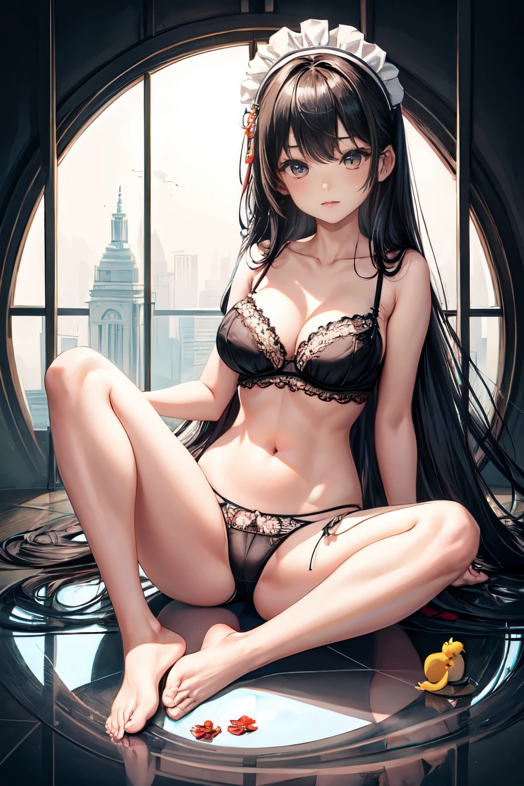 topsy-turvy asian beauty in maids outfit is posed on a glass floor, 1girl, underwear, solo, barefoot, long hair, sitting, panties, bra, navel, black hair, black panties, breasts, black bra, looking at viewer, maid headdress, underwear only, collarbone, bangs, very long hair, stomach, full body