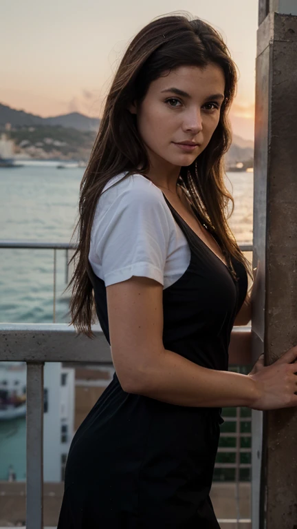 Hyperrealistic photography, mignon , 30 ans, longs cheveux bruns, 64 Ko, chef-d&#39;artwork, photo nette, Regard d face, Dark brown hair, avec chemise moulante, in Málaga, la vue sur la mer, Long Dark brown hair, corps parfait, Model you are looking for, Realistic photo of a girl, sombre dehors, Just after sunset,