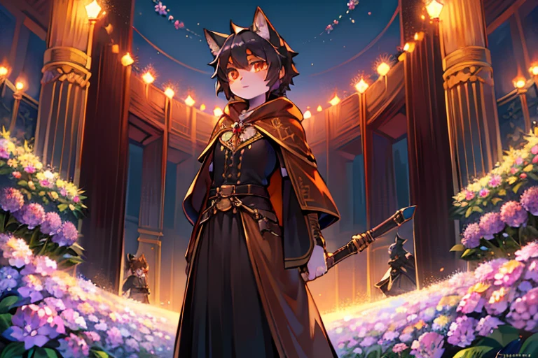 A wolf with orange eyes and black hair，orange dress，brown cloak，Saber at the waist，holding a longsword，hydrangeas，Rosa flower，clear blue sky，Cute Shota，looking at the audience，grand background，bright shades