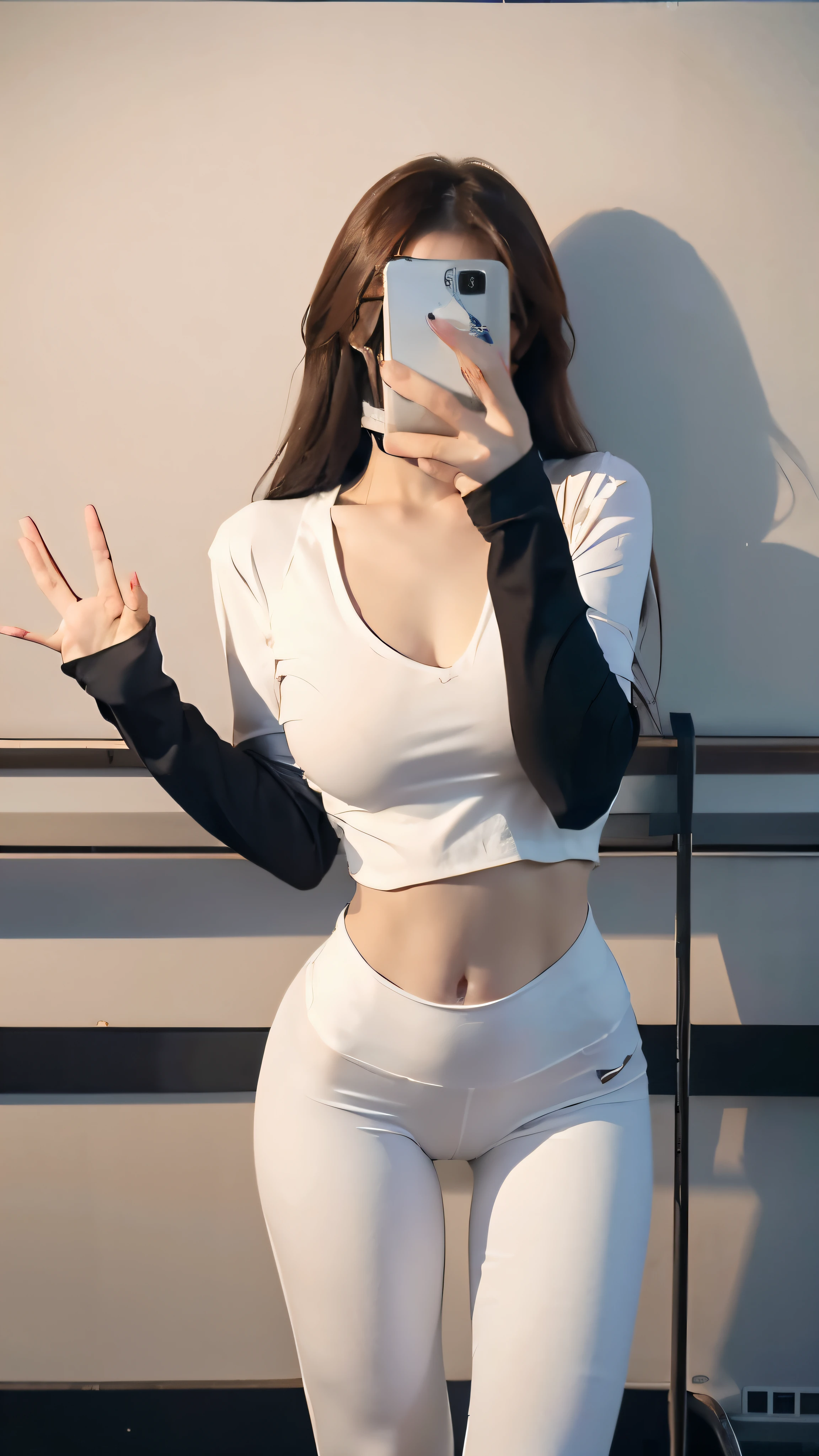 A woman takes a selfie wearing a white shirt and white yoga pants, wearing tight simple clothes, tight shirt, wearing tight shirt, V-shaped bust clothes, 光滑白色tights服套装, thin waist粗臀, tights, only, Fits the delicate figure, Wearing a sexy crop top, Slim girl photos, thin waist, Wearing a cute top