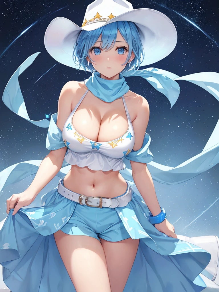 masterpiece, best quality, ultra detailed,realistic,re zero, blue hair, short hair,((large breasts)),cleavage, (light-blue theme),(sexy
cowgirl costume),(sleeveless
(light-blue crop top),(plunking
neckline),((bare shoulders, bare
arms)),(collarbone, emphasize
cleavage)),(light-blue leather micro
shorts with (many small star-symbol
pattern)),(light-blue Scarf)
(white theme),(white ten
gallon hat),(white (cowboy boots.
western boots)),(white belt).
(wristband),
(yellow theme),(yellow
star-symbol print),